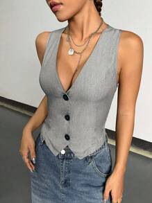 SHEIN Unity 女式夏季纯色 V 领单排扣休闲背心 - 淺灰色 - 查看 3