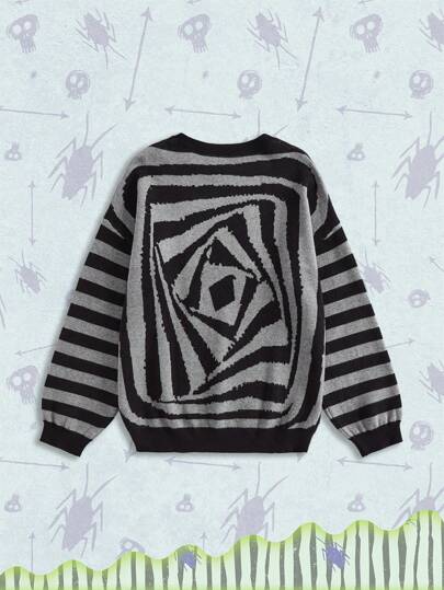 Beetlejuice | ROMWE Pulls oversize pour femmes avec logo monstrueux à rayures gothiques, blocs de couleurs et tourbillon, en jacquard tricoté