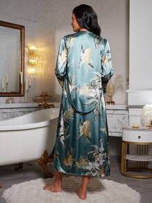 LuxeNights 2pcs Floral Print Faux Silk Cami Sleep Dress And Belted Robe Set, Fall Winter Clothes - Multicolor - View 2