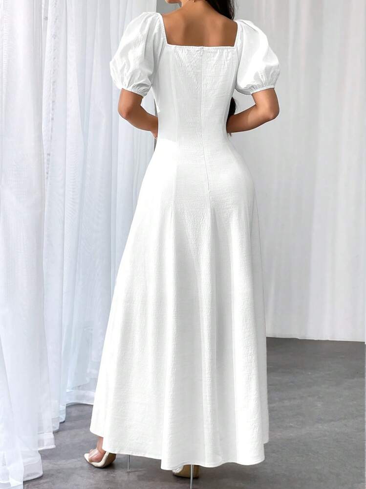 Firerie Women's Solid Color Square Neck Short Sleeve Zipper Back Maxi Casual Dress, Resort Wear,White Graduation Dress - White - View 2