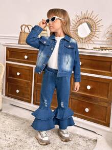 SHEIN 3pcs/Set Young Girls Spring/Autumn Solid Ribbed Crew Neck Long Sleeve T-Shirt + Flared Jeans + Denim Jacket - Multicolor - View 5