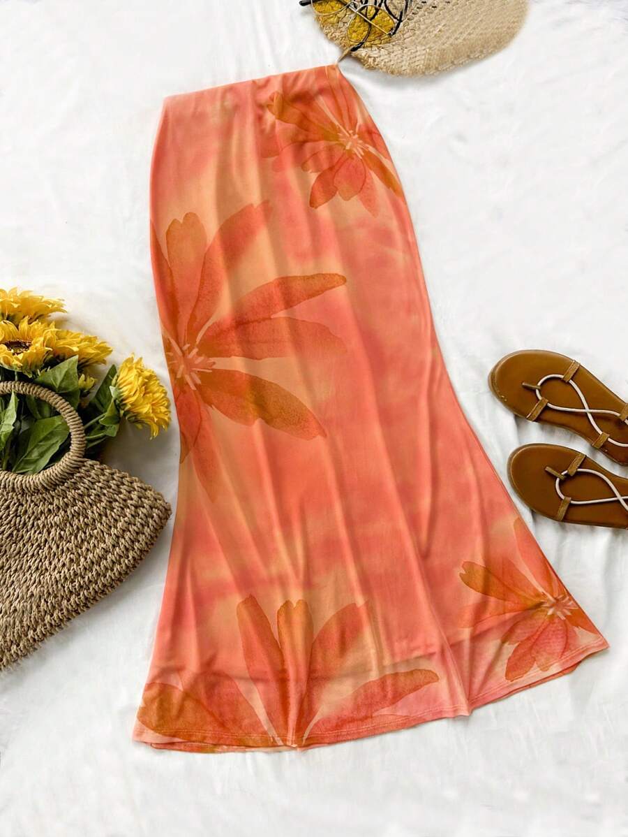 Soleia Women Vacation Orange "Back To School" Vintage Oversized Floral Net Print Long Fitted Mermaid Hem Bodycon Skirt