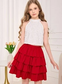 SHEIN 少女花朵蕾絲拉鍊背心和分層擺裙 - 紅白色 - 查看 2