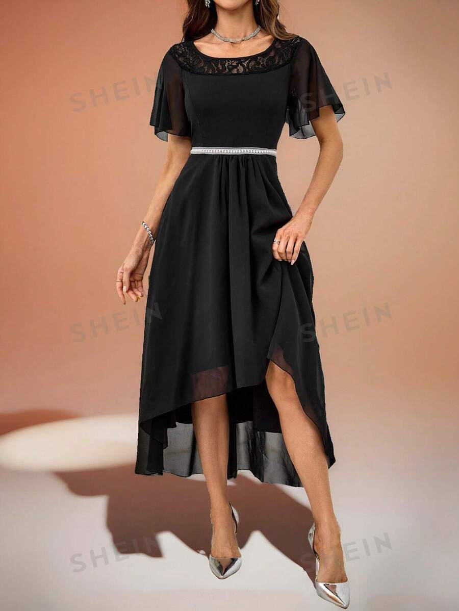 SHEIN Belle Vestido formal de unicolor con encaje de contraste de bajo a alto, vestido de cóctel elegante para fiesta de graduación, boda o invitada