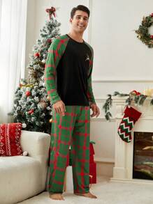 2pcs Men's Crew Neck Solid Color Patchwork Deer Print Long Sleeve Loungewear Set - Multicolor - View 8