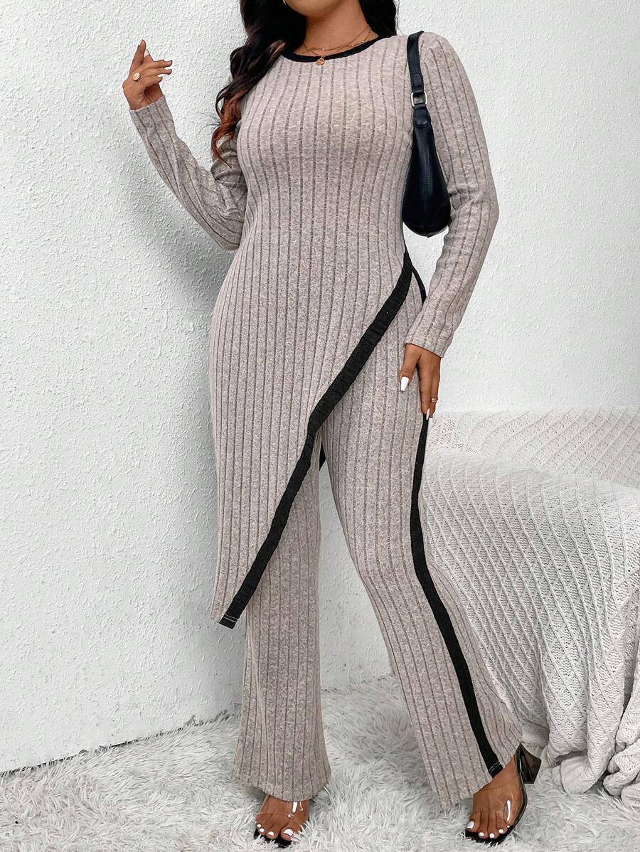 SHEIN Frenchy Bộ 2 món dệt kim thanh lịch viền bất đối xứng cỡ lớn dành cho nữ - Nhiều màu - Xem 1