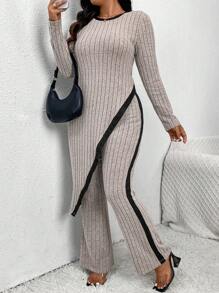 SHEIN Frenchy Bộ 2 món dệt kim thanh lịch viền bất đối xứng cỡ lớn dành cho nữ - Nhiều màu - Xem 3