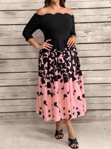 Plus Size Women Butterfly Print Arc Hem Off Shoulder 3/4 Sleeve Elegant Dress - Pink - View 1