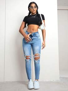 SHEIN EZwear Women Washed Distressed Denim Jeans - Light Wash - View 5