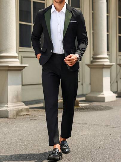 Manfinity Mode Bộ 2 quần áo vest và áo khoác cổ màu tương phản cho nam, thời trang, phong cách