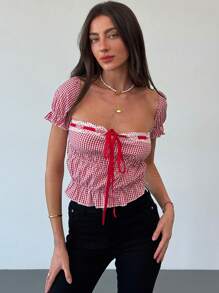 Aloruh Y2K Vintage Loose Crop Low Cut Plaid Drawstring Elastic Waist Women Shirt - Czerwony - Zobacz 4