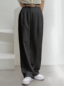 DAZY Quần ống đứng công sở thường ngày cho nữ, màu trơn, dáng rộng - Màu xanh hải quân - Xem 1