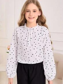 SHEIN قميص فتاة في منتصف العمر بأكمام قصيرة ولون صلب غير رسمي للصيف مع نمط قلب من الورق مصفّف بتموجات