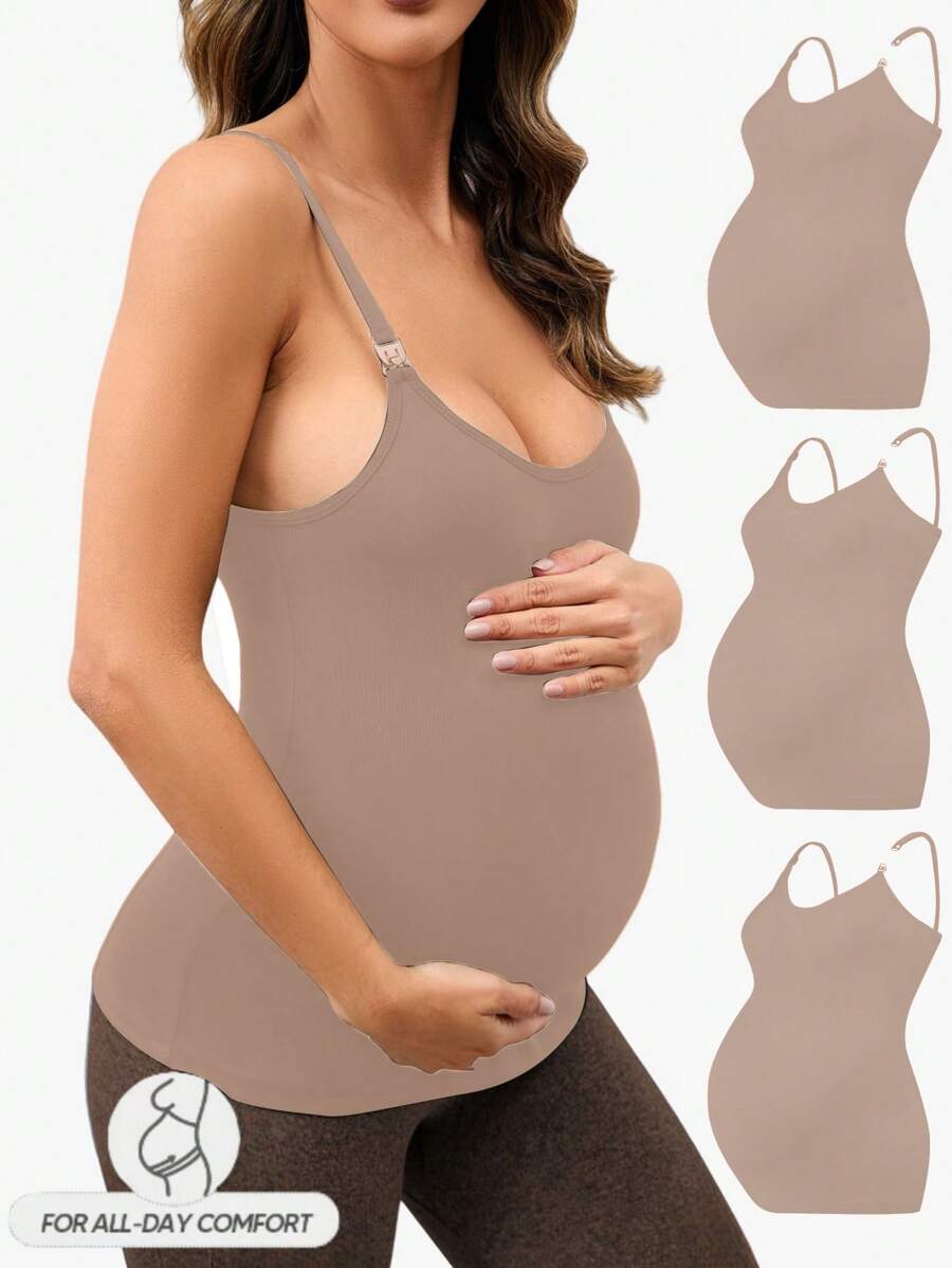 SHEIN 孕妇纯色紧身运动吊带背心 - 駝色 - 查看 1