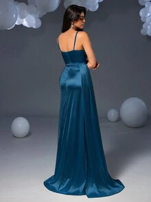 Faeriesty Váy hai dây satin cổ khoét sâu, xếp ly bên hông - Màu xanh hải quân - Xem 2