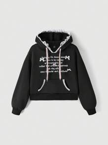 SHEIN MOD Czarna luźna bluza z kapturem z koronką i kokardą z napisem dla kobiet, ciepła odzież na jesień i zimę, bluza z kapturem, bluzki na wyjścia - Czarne - Zobacz 1