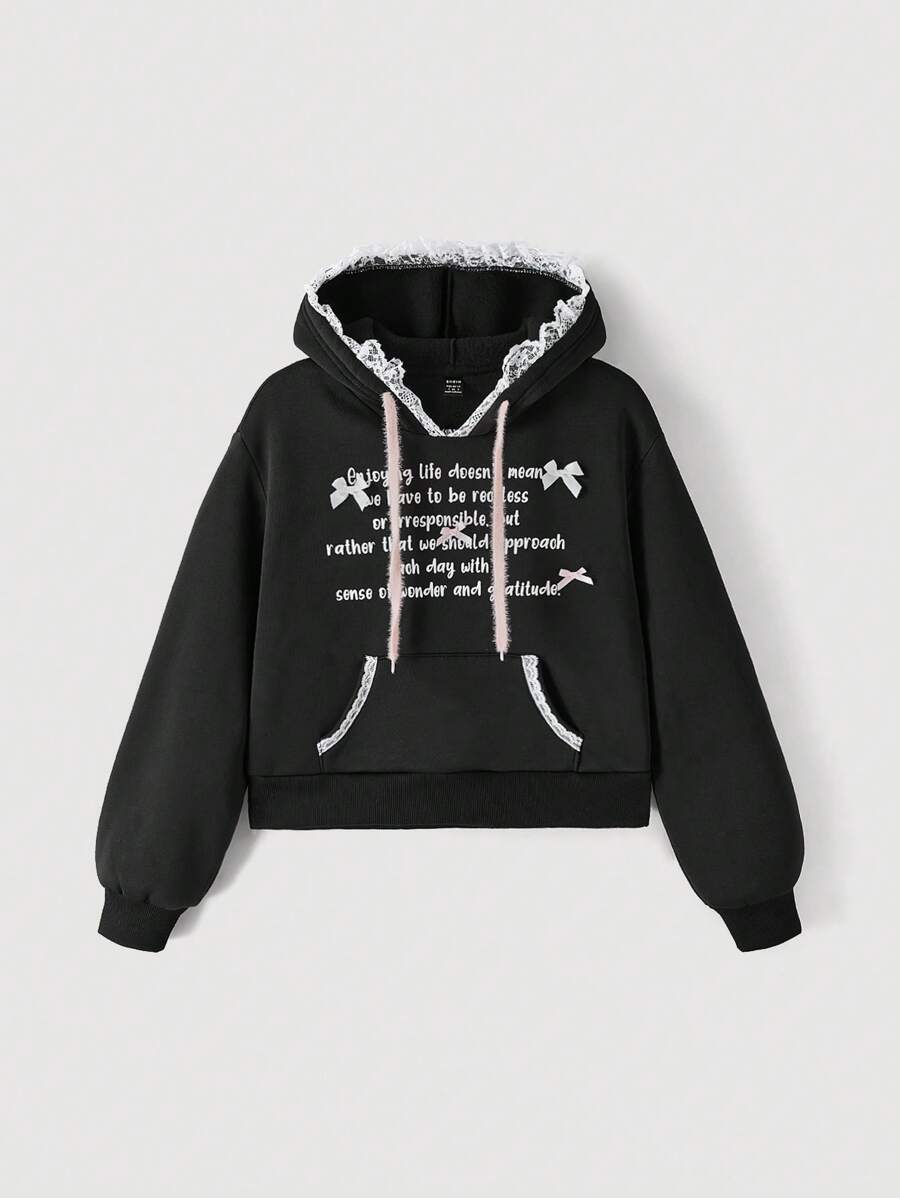 SHEIN MOD Czarna luźna bluza z kapturem z koronką i kokardą z napisem dla kobiet, ciepła odzież na jesień i zimę, bluza z kapturem, bluzki na wyjścia - Czarne - Zobacz 1
