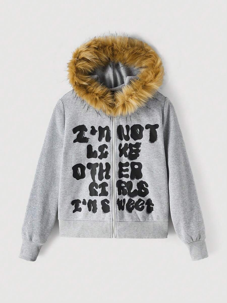 SHEIN MOD Áo hoodie in chữ cổ điển màu xám có cổ lông cho nữ, áo nỉ phong cách thường ngày cho mùa thu đông - Xám - Xem 1