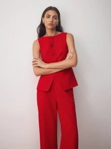 BizChic 女士无袖西装外套，适合城市通勤、商务、休闲装、优雅装扮，秋冬 - 紅色 - 查看 4