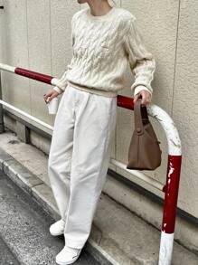 FRIFUL Suéter casual de punto de cable con letras bordadas de manga larga para mujer, otoño e invierno