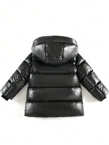 SHEIN Áo khoác đệm trẻ em màu đen bóng, dài vừa, lót sợi carbon, dành cho trẻ mới biết đi - màu đen - Xem 2