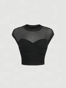 SHEIN MOD Contrast Mesh Ruched Tee - Black - View 1