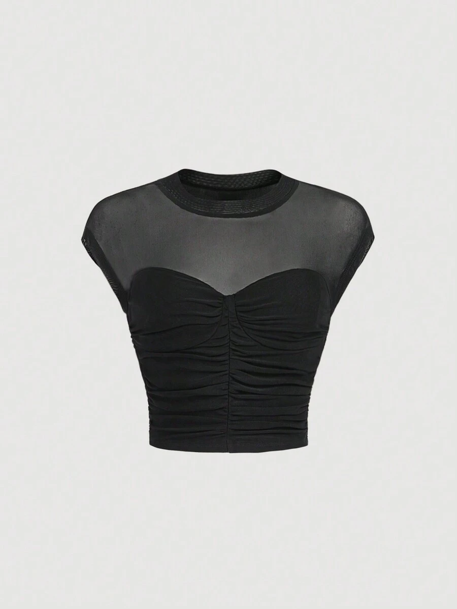 SHEIN MOD Contrast Mesh Ruched Tee - Black - View 1
