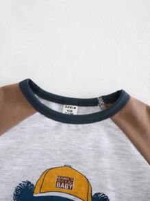 Cozy Pixies Baby Boy Cartoon Bear Pattern Contrast Color Crew Neck Raglan Pullover Sweatshirt, Soft & Comfortable, Suitable For Layering Or Outerwear In Spring, Autumn & Winter