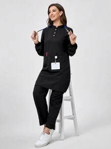 TaskEZ Bộ đồng phục y tá gồm 2 món: Áo dài tay có nút trang trí và quần - màu đen - Xem 5