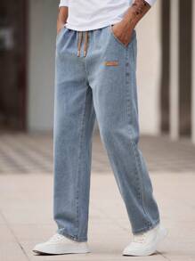 Men's Slant Pocket Drawstring Elastic Waist Washed Denim Jeans - Light Wash - View 11