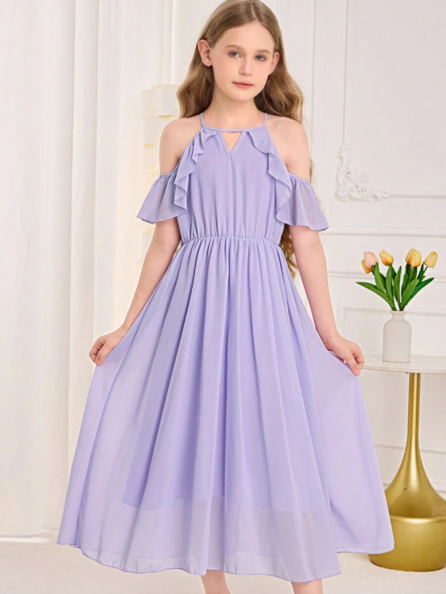SHEIN Tween Girl Keyhole Neck Cold Shoulder Ruffle Trim Chiffon Dress - Lilac Purple - View 1