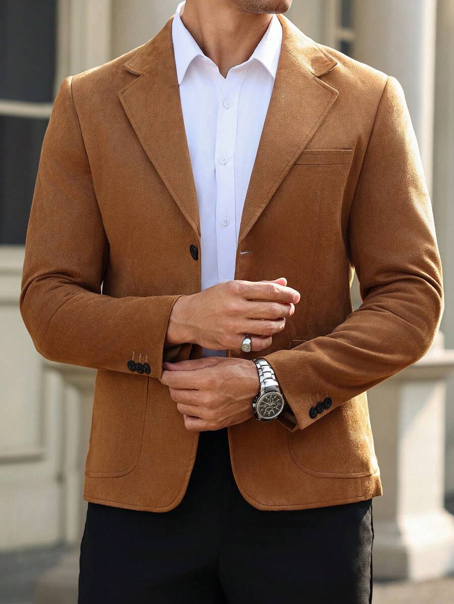 Manfinity Mode Áo khoác blazer nam cổ ve dài tay cài nút phía trước, Áo khoác blazer nam màu lạc đà, Áo khoác blazer nam thường ngày, Áo khoác blazer công sở nam thường ngày, Phong cách Old Money - Cà phê nâu - Xem 1