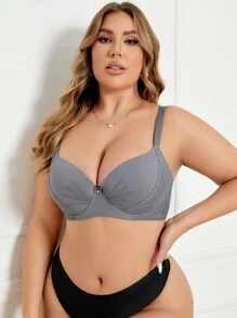 1pc Minimalist Lace Patchwork Padded Underwire Brassiere, Plus Size Women Lingerie - Grey - View 5