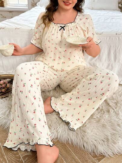 CottageSlumber CottageSlumber Plus Size Women's Rose Print Ruffle Pajama Set - Top And Bottoms, Cozy And Elegant Details