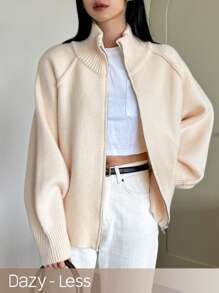 Dazy-Less Chaqueta de mujer de punto de patchwork, ropa de mujer de otoño - Beis - Ver 3