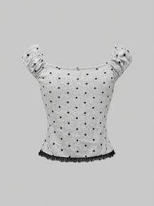 ROMWE Kawaii V 领蝴蝶结点缀双色波尔卡圆点女式修身 T 恤 - 灰色 - 查看 2