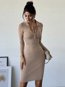 SHEIN Privé 女式系带长袖修身迷人时尚针织毛衣连衣裙 - 卡其色 - 查看 5