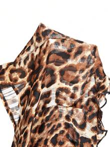 ROMWE Hippie Y2K Leopard Print Lace-Up Flare Sleeve Sheer Chiffon Blouse For Women - Coffee Brown - View 5
