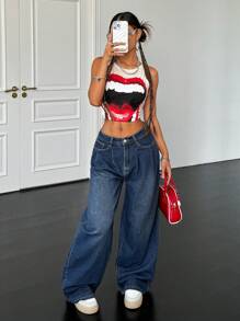 SHEIN ICON Women's Relaxed Fit Pleated Wide Leg Jeans, Blue, Y2k Clothes Women - Dark Wash - View 8