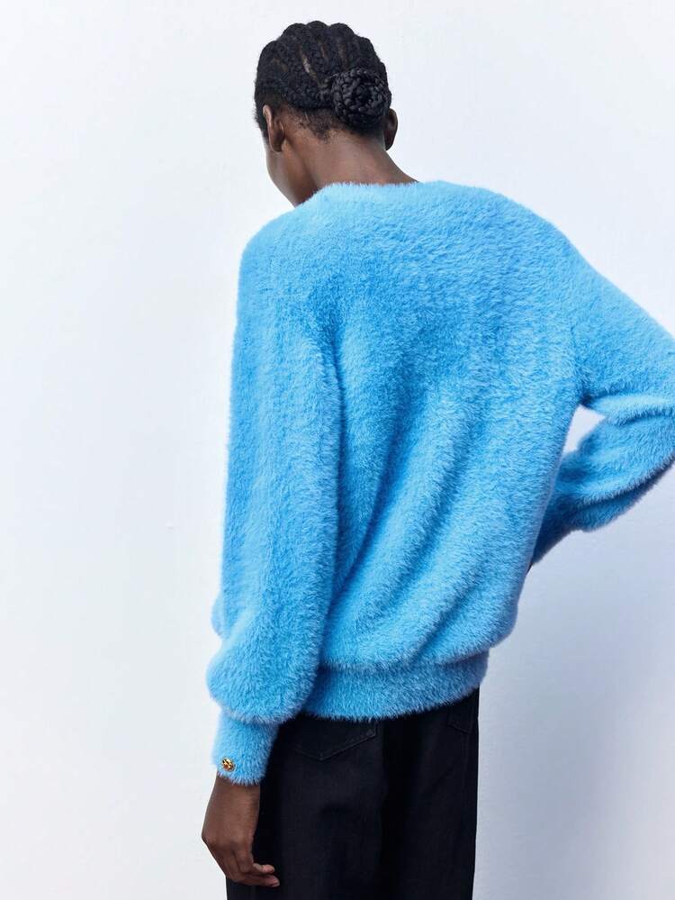 SHEIN Maija Women V-Neck Solid Blue Long Sleeve Sweater With Pockets