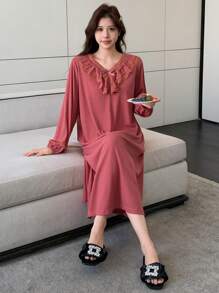 DAZY 蕾丝边甜美睡衣睡袍睡衣 - 紅色 - 查看 4