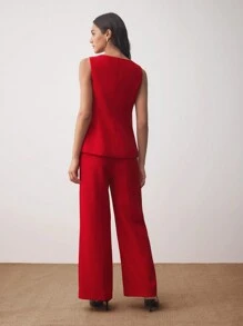 BizChic 女士无袖西装外套，适合城市通勤、商务、休闲装、优雅装扮，秋冬 - 紅色 - 查看 8