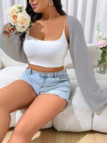 Flirla Plus Size Women Solid Color Bell Sleeve Short Cardigan