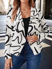 EMERY ROSE Women's Allover Print Lapel Long Sleeve Casual Jacket - White - View 1