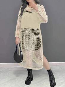 SHEIN LUNE 大码女式纯色镂空长袖毛衣连衣裙 - 米色 - 查看 4