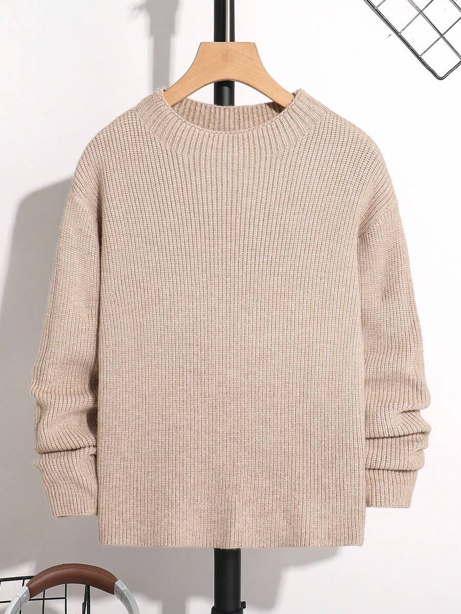 SHEIN Leap Crew Tween Boy 花卉提花罗纹针织基本款圆领毛衣