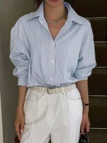 DAZY Striped Collared Loose Long Sleeve Button-Down Shirt For Women - Blue - View 5