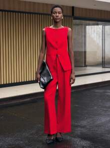 BizChic 女士无袖西装外套，适合城市通勤、商务、休闲装、优雅装扮，秋冬 - 紅色 - 查看 9