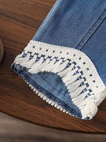 SHEIN Bộ áo dài tay màu trơn + quần denim xếp nếp cho bé gái - Màu be - Xem 3