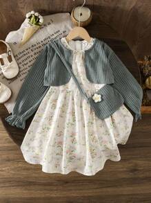 SHEIN LMoss Kids LMoss Young Girl Young Girl Young Girl 2pcs Set: Solid Color Knitted Cardigan With Puff Sleeves & Woven Ditsy Floral Dress With Crossbody Bag - Multicolor - View 2